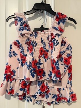 Kids Floral Ruffle Tank Top and skirt set - Pink with Red & Blue Flowers